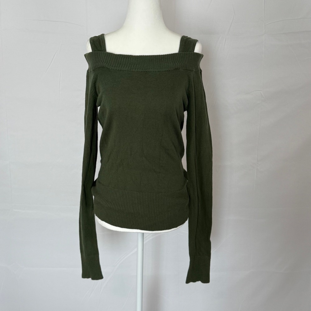 Takeout Womens Soft Cold Shoulder Strap Sweater Olive Green Ribbed Knit Size M